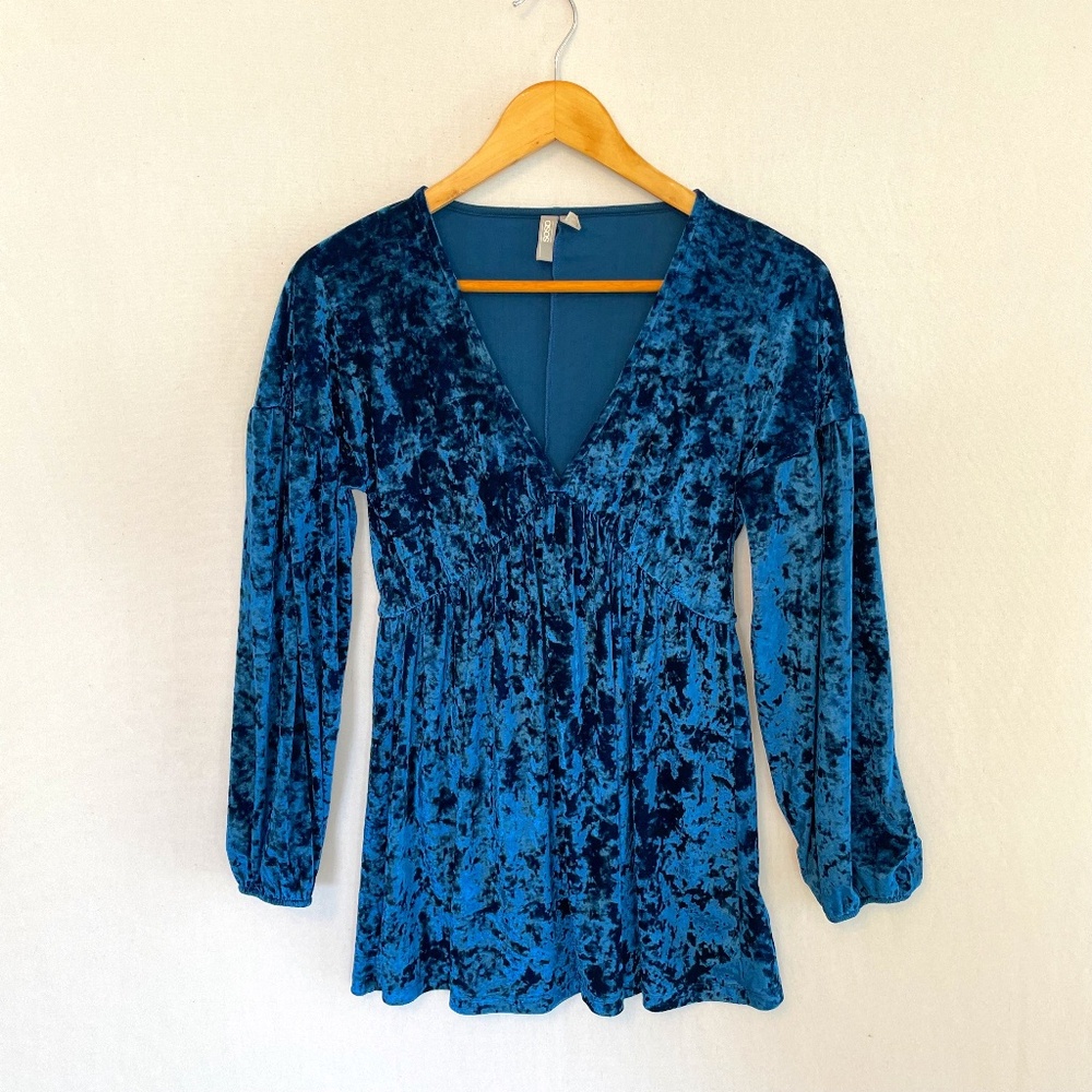 ASOS Women's Size 0 Blue Crushed Velvet Long Sleeve Dress